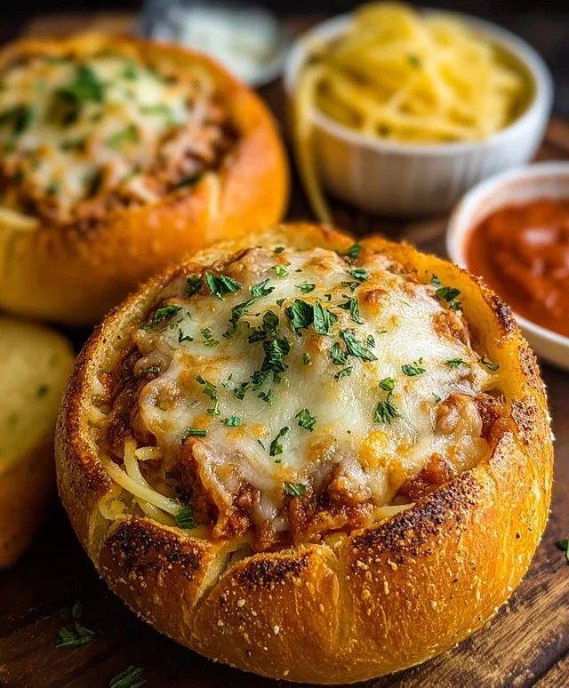 Spaghetti Garlic Bread Bowls